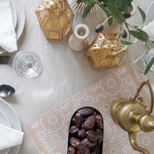 Ramadan Table setting with Moroccan Lanterns and Dates on a Tray 